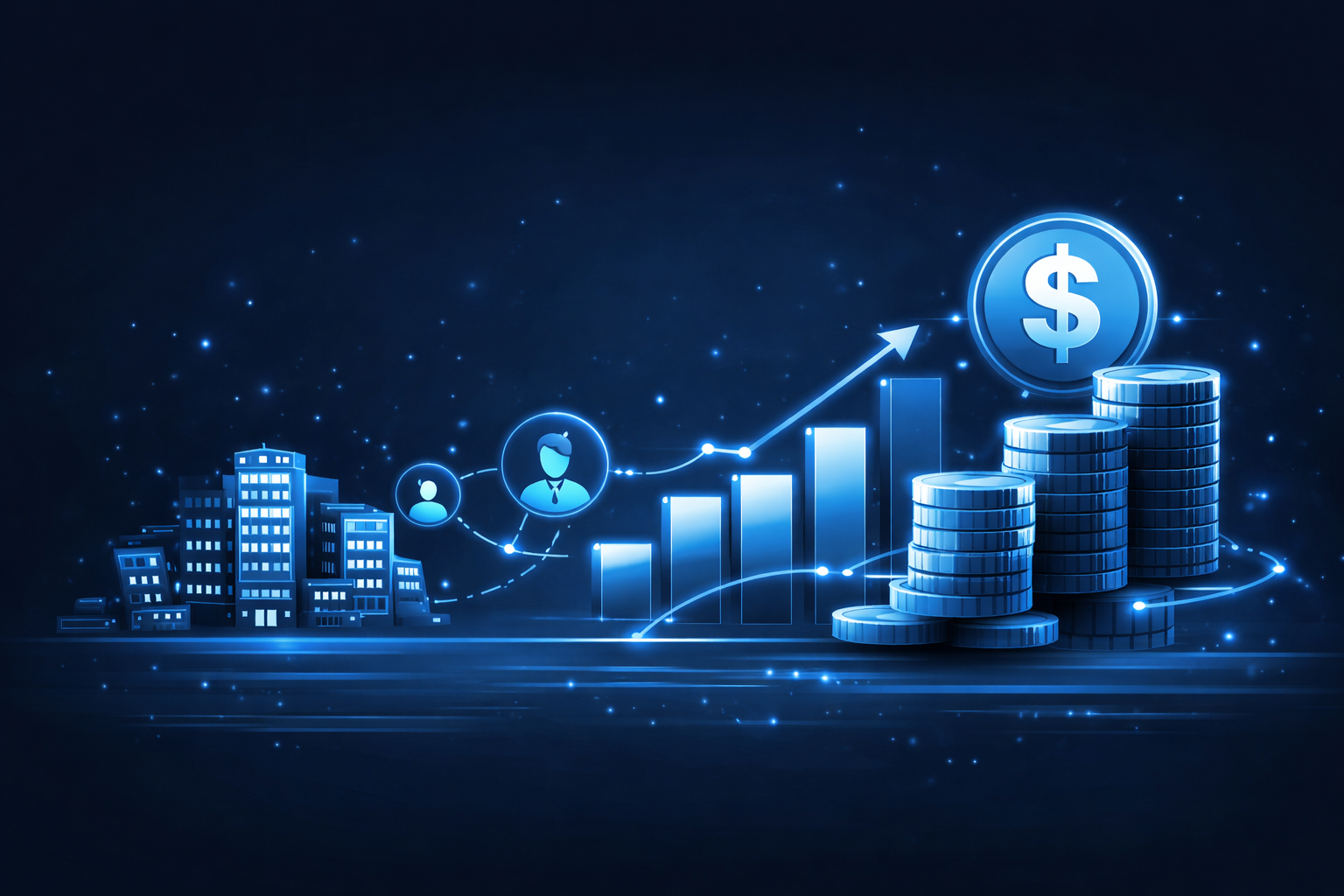 Escritorio financiero con laptop, gráficas y pilas de monedas creciendo