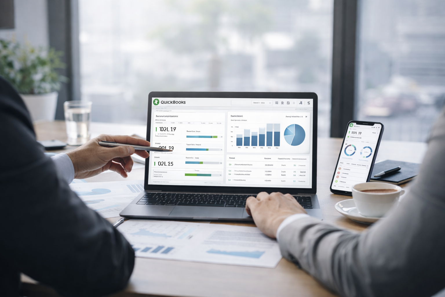 Dashboard de QuickBooks Online en laptop y móvil para operación financiera